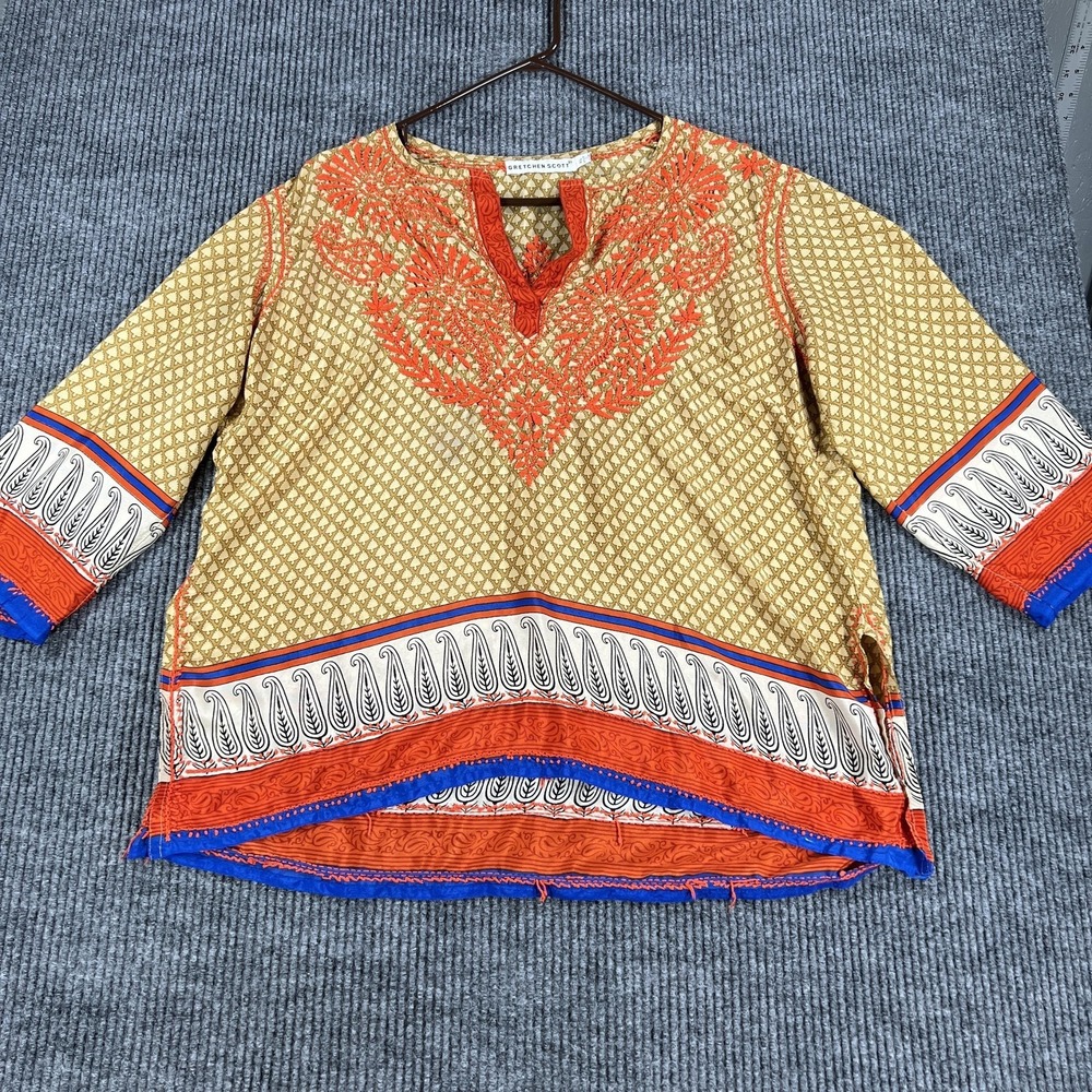 Gretchen Scott Shirt Womens XL Beige Red Embroidered Tunic Top 3/4 Sleeve Boho